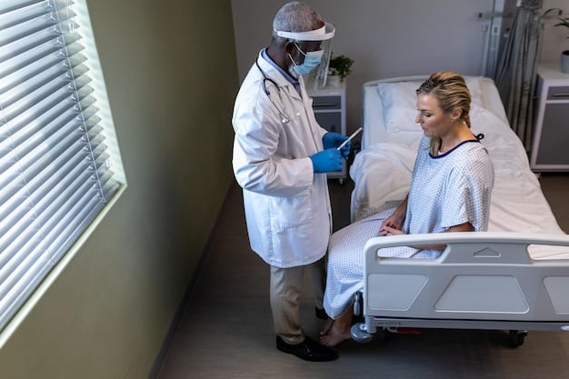 A doctor examining a patient in a modern hospital room, highlighting the medical aspect of travel insurance. The scene showcases advanced medical equipment and a caring doctor-patient interaction, emphasizing the importance of medical coverage during travel. Text overlay: 