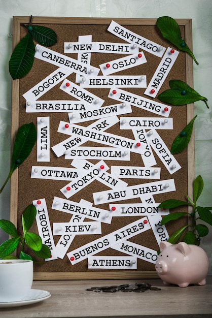 A collage featuring common greetings and phrases in five different languages (Spanish, French, Italian, German, and Mandarin). The collage has a travel-themed background with images of iconic landmarks.