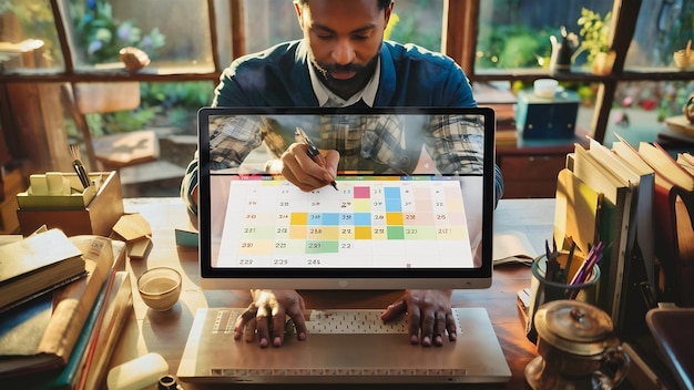 A digital nomad using a project management tool on their laptop, showcasing a Kanban board with tasks assigned and deadlines visible. The setting is a cozy co-working space with other digital nomads around, fostering a sense of community and collaboration. The screen highlights the software interface, emphasizing the tools for 
