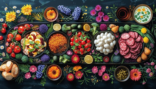 A visually stunning overhead shot of a variety of colorful ingredients used in a traditional Vietnamese Pho. The image should capture the vibrant colors and textures of the fresh herbs, spices, noodles, and broth. The composition should be artful, almost like a painter's palette, reflecting the 
