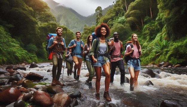 A diverse group of travelers is depicted hiking in a lush, green mountainous region, showcasing sustainable and adventurous travel. The image captures the spirit of exploration and the growing trend of eco-tourism, which travel planners can specialize in to cater to the market in 2025. It illustrates the type of experiences that Become a Certified Travel Planner: Launch Your Career in the Booming Travel Industry in 2025 can help create.