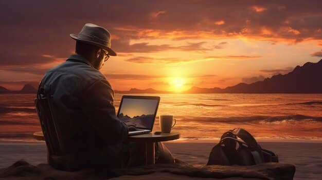 A person sitting at a desk editing landscape photos on a laptop, with a professional monitor calibrated, showing vivid colors of a desert landscape at sunset, indicating post-processing work.