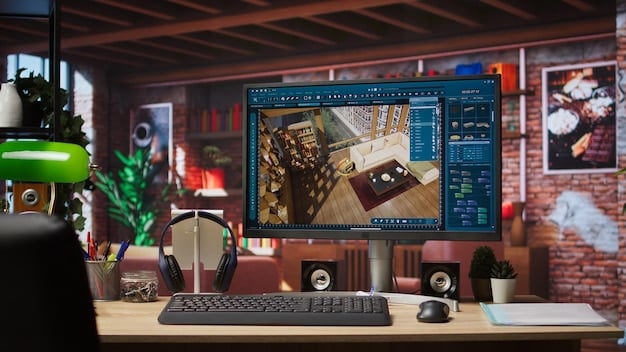 A photographer's workstation with a computer displaying a photo editing software interface, showing a heavily edited landscape photo of a US national park, with a cup of coffee and a mouse next to the keyboard.