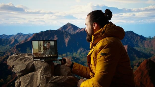 A person editing a landscape photograph on a laptop, displaying a vibrant image of a mountain range with a lake, illustrating the post-processing stage.