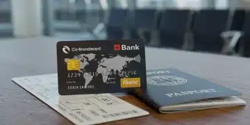 Co-branded credit card with plane ticket and passport, symbolizing travel finance