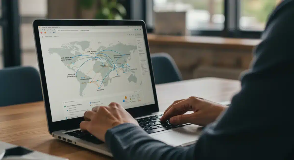 Person analyzing flight routes on a laptop for points redemption.