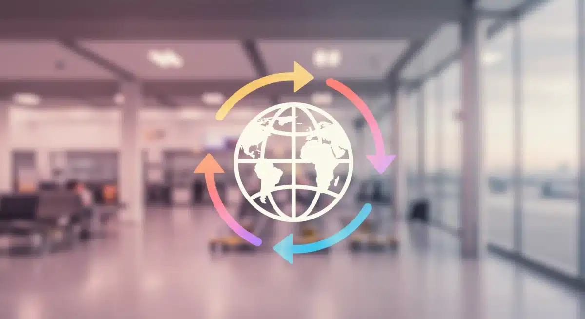 Global travel points transfer graphic with airport background