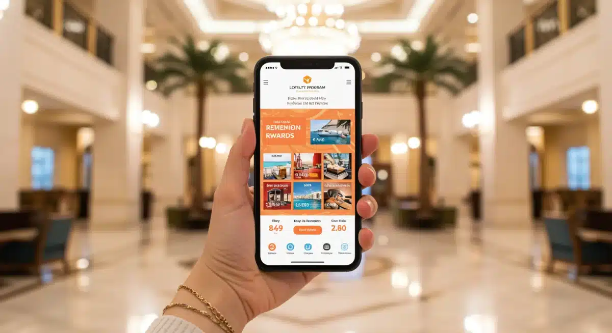 Smartphone displaying loyalty program app in a hotel lobby, showing reward options.