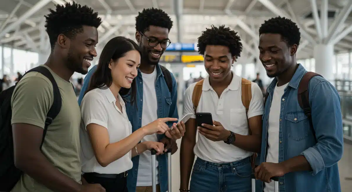 Diverse US travelers evaluating co-branded credit card offers on a smartphone in an airport