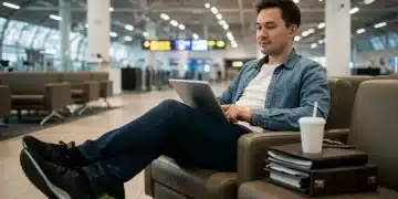 Traveler relaxing in a modern airport lounge during an international layover.