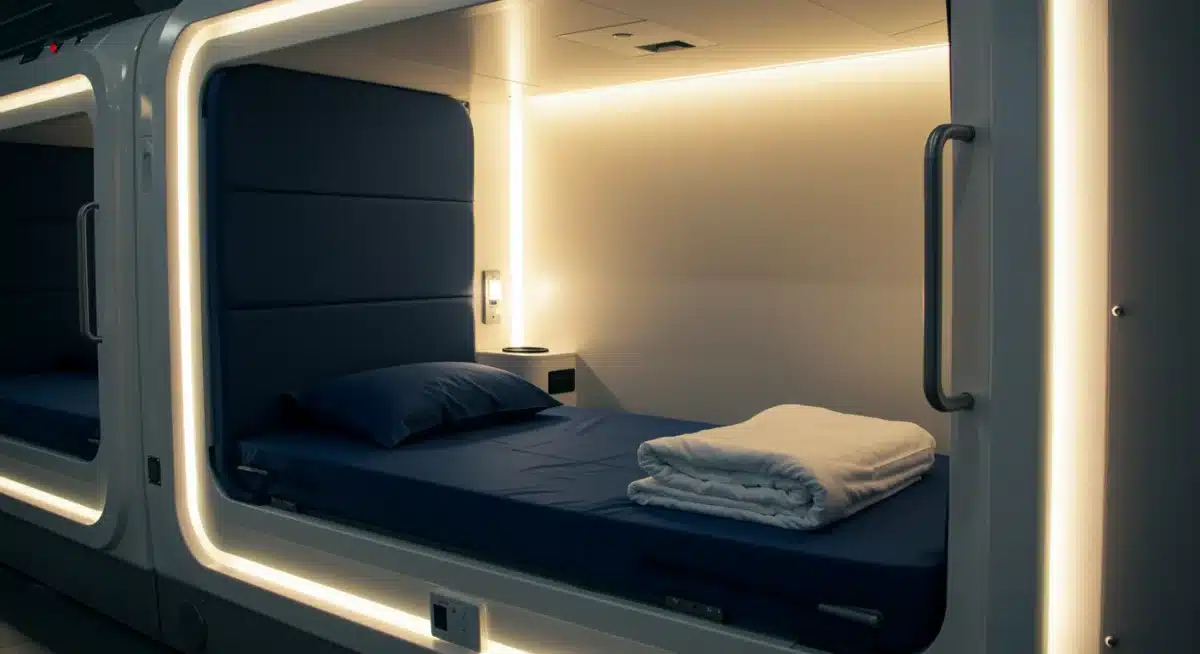 Private sleeping pod in an airport for layover rest.