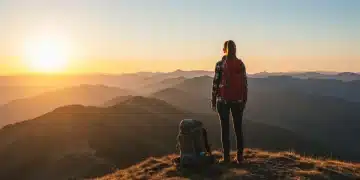 Confident female solo traveler on mountain peak, enjoying safe adventure.