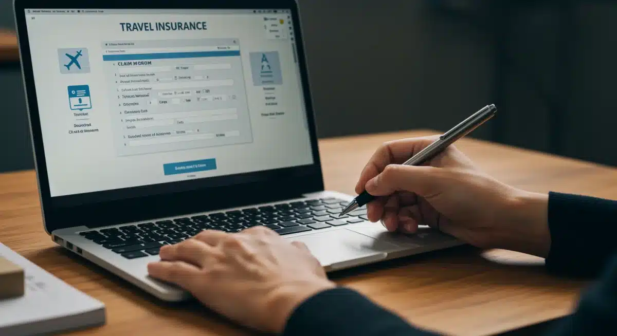Hand completing a digital travel insurance claim form on a desk.