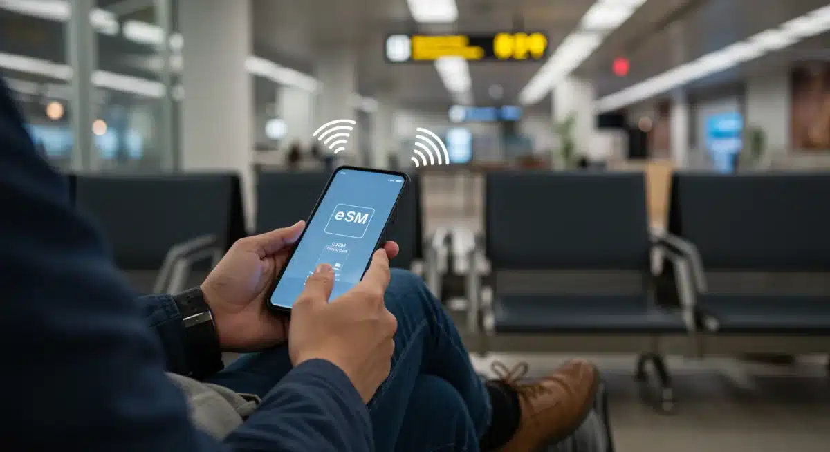 Traveler activating eSIM on smartphone in airport lounge for international travel.