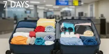 Organized suitcase for efficient 7-day trip packing, minimizing baggage fees