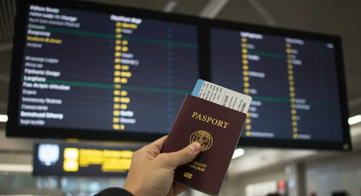 Traveler checking flight details on an airport information screen during a layover.