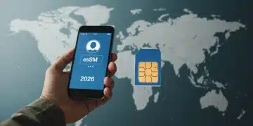Traveler comparing global physical SIM card with digital eSIM profile on smartphone, global connectivity concept 2026.