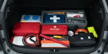 Essential road emergency kit packed in a car trunk, ready for 2026 travel