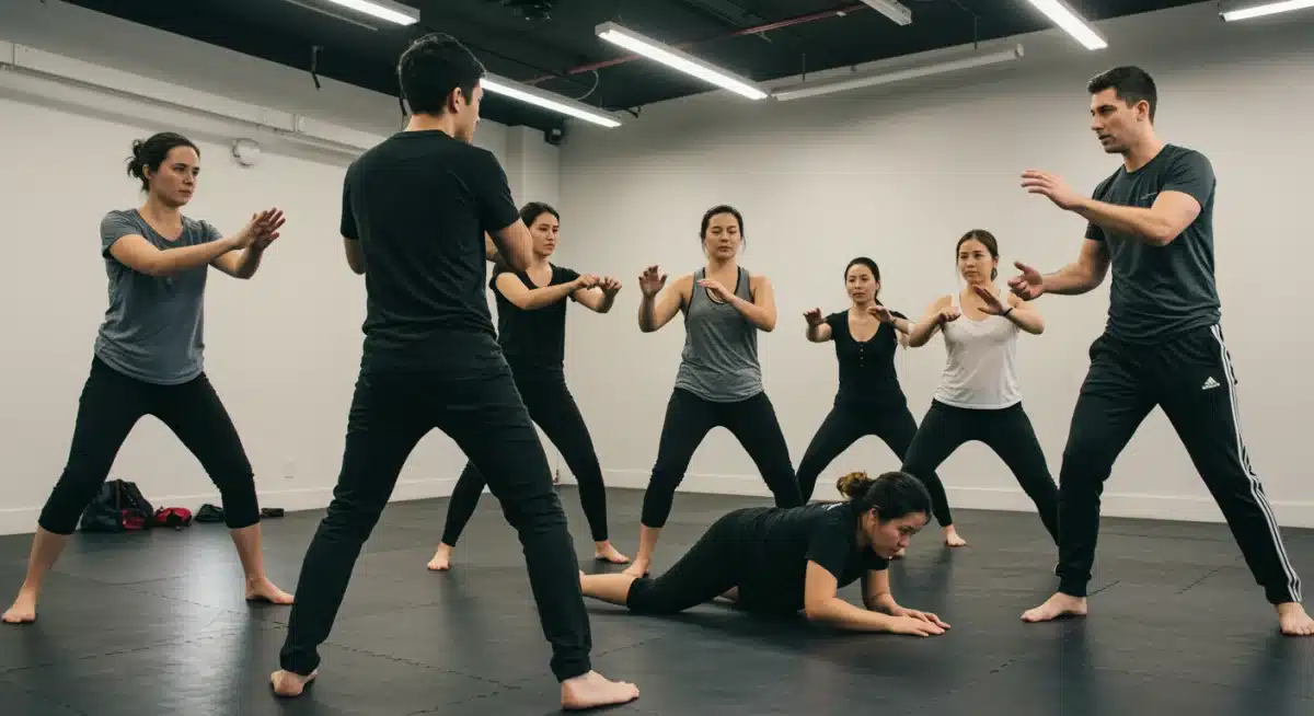 Solo travelers learning self-defense techniques in a class.