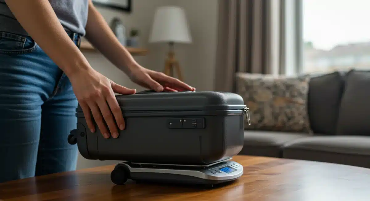 Traveler weighing carry-on luggage for 7-day trip to avoid fees