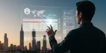 Futuristic traveler planning trip with AI holographic interface