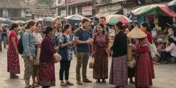 Diverse international travelers respectfully interacting in a global market