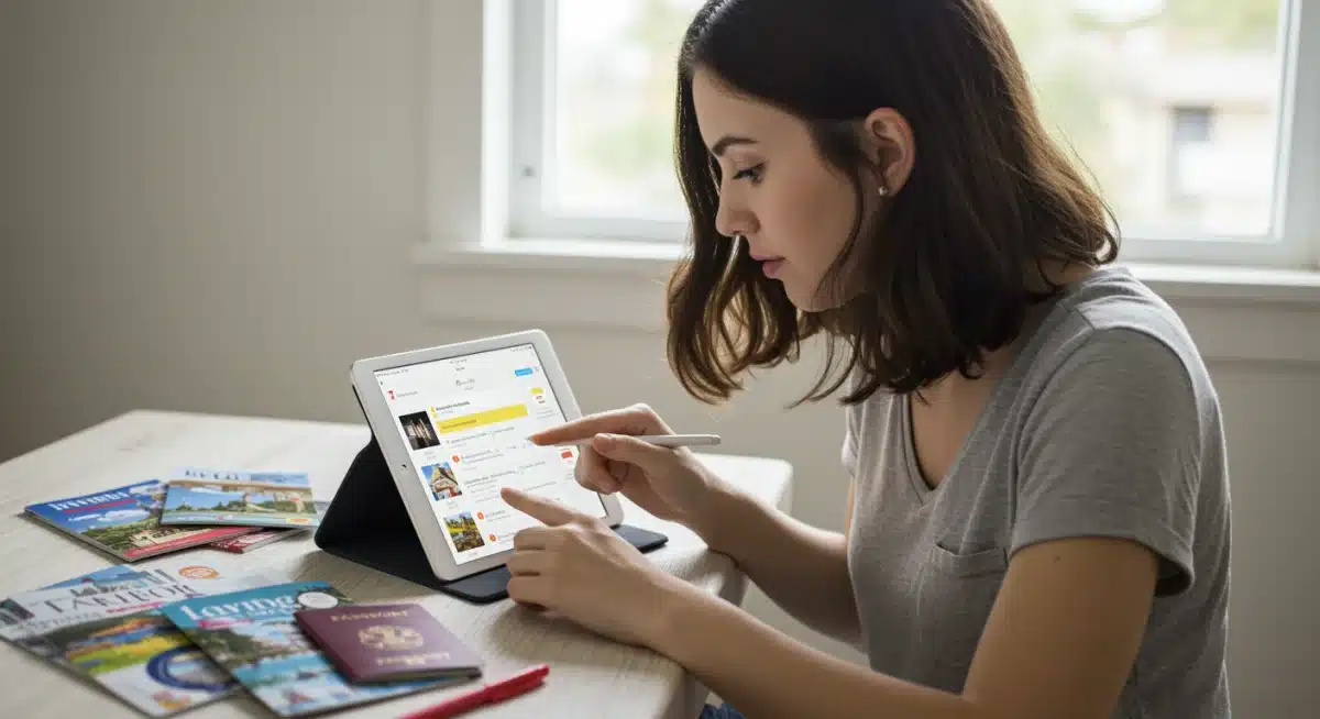 Person studying language phrases on tablet for travel