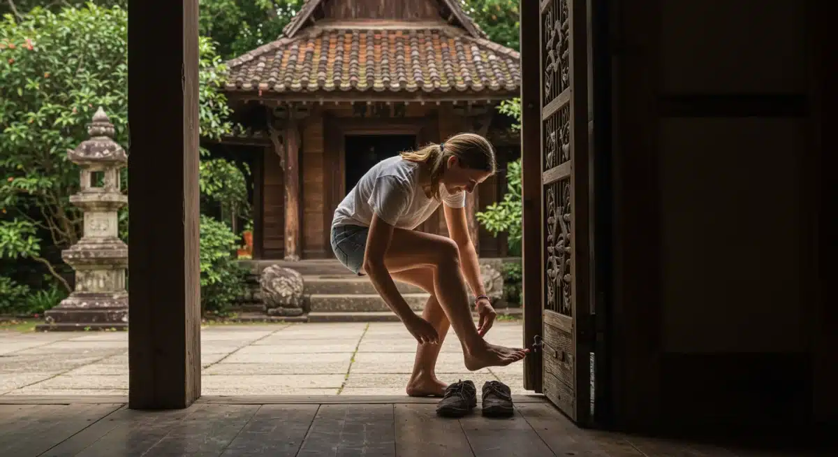 Traveler removing shoes before entering a sacred place