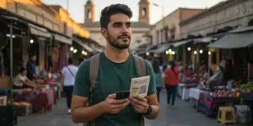 Traveler learning phrases in a foreign city market