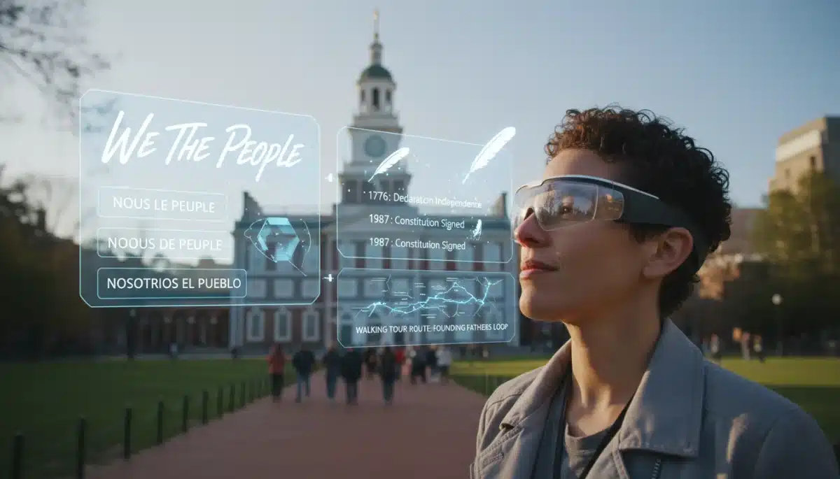 Traveler using augmented reality glasses for real-time translation and historical information, showcasing US Travel Tech 2026.