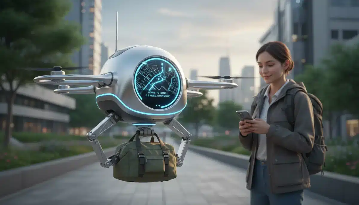 Autonomous drone assistant helping traveler with luggage and navigation, highlighting US Travel Tech 2026.