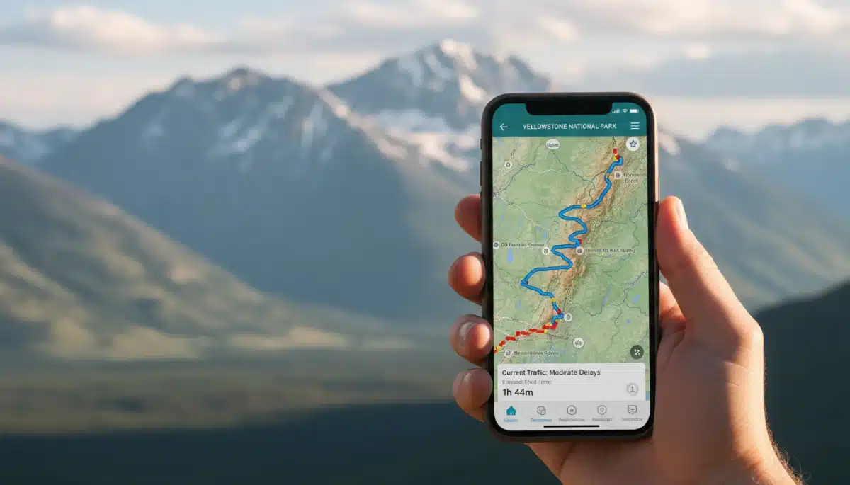 Smartphone displaying a digital travel guide with real-time navigation for a US national park.