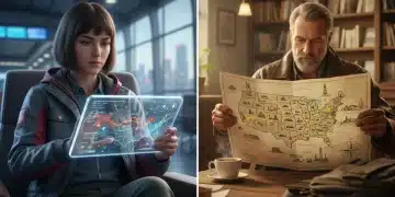 Digital travel guide versus traditional paper map for US road trip planning.