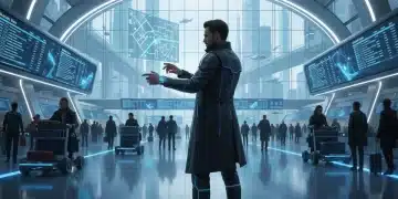 Futuristic traveler navigating airport with advanced US travel tech 2026 smartwatch