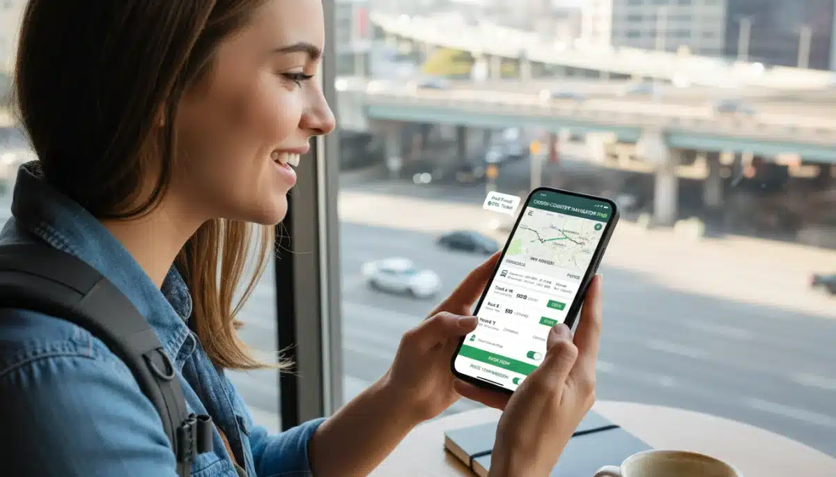 Traveler using a mobile app for real-time public transportation planning and fare comparison.