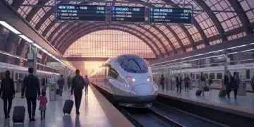 Modern high-speed train arriving at a bustling US station, symbolizing efficient inter-state travel.