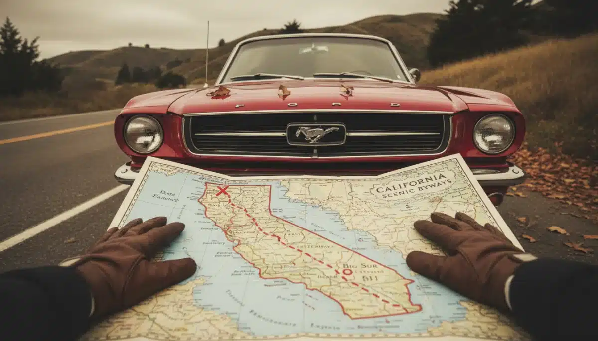 Traveler consulting a traditional paper map during a scenic US road trip.