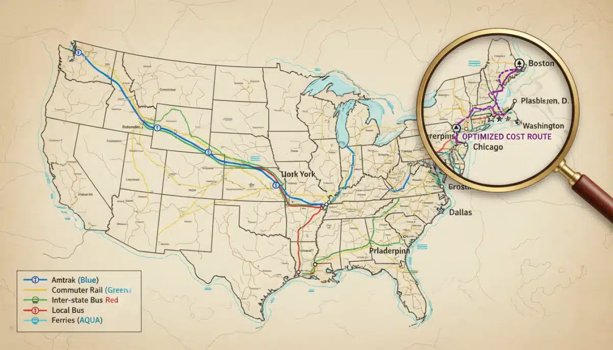 Interconnected US public transportation map showing optimized inter-state routes for savings.